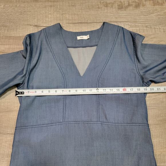 Vince Size Small Lyocell Tunic Mini Dress Denim Chambray V Neck Pockets Designer - Picture 6 of 7